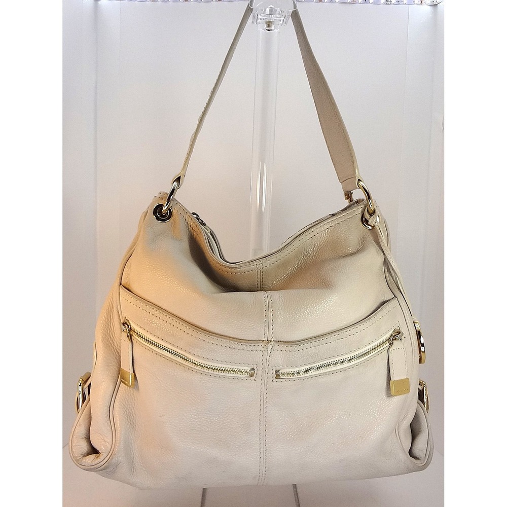 Michael Kors Leyton Cream Pebbled Leather Hobo Shoulder Bag‎ Gold-Toned Hardware